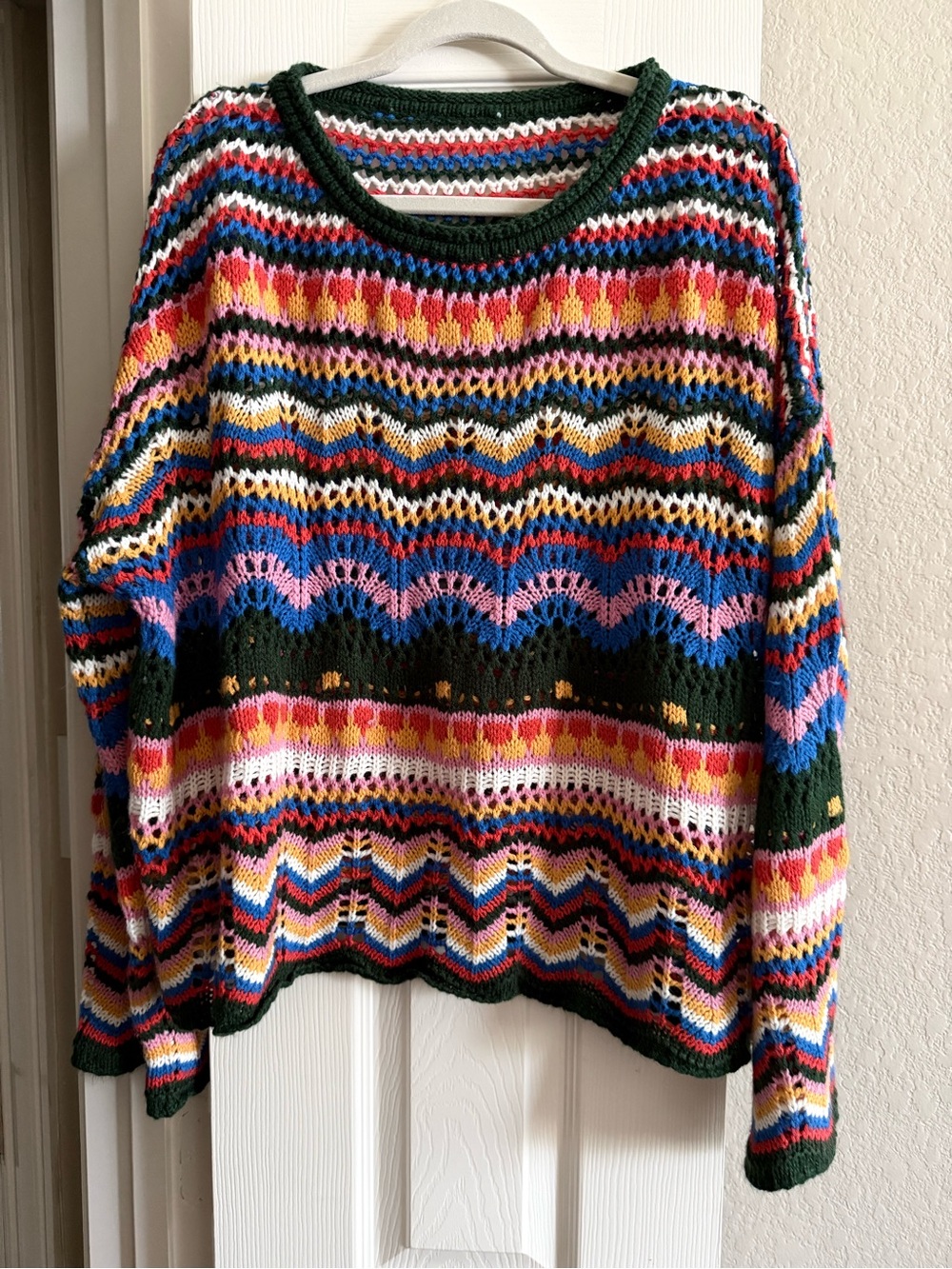 SHEIN Multicolor Open-Weave Crewneck Sweater with Dark Green Trim